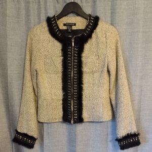 Anne Carson Silk Blazer Cream Tweed Zip-Up w/Blk Faux Fur Trim Women's Sz Small